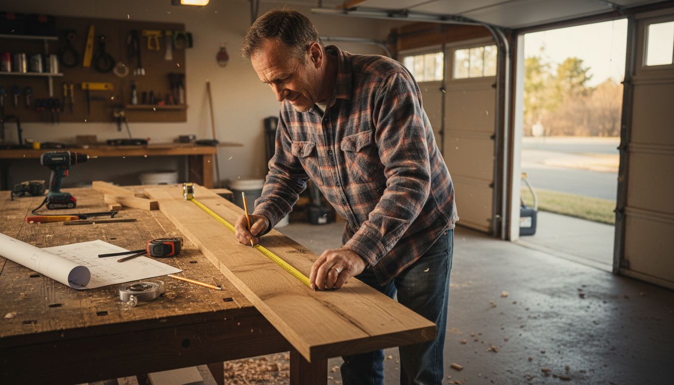 Man measuring wood in garage for DIY coffee table