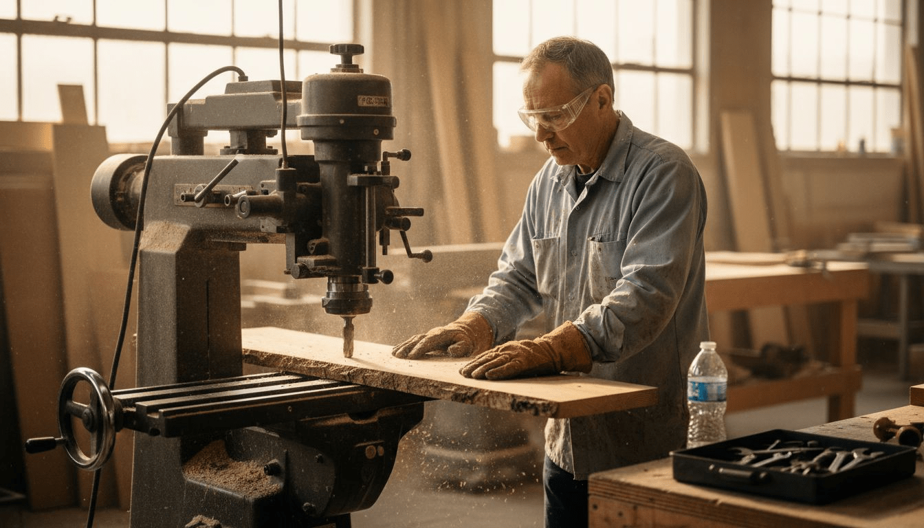 Woodworker milling oak plank in workshop