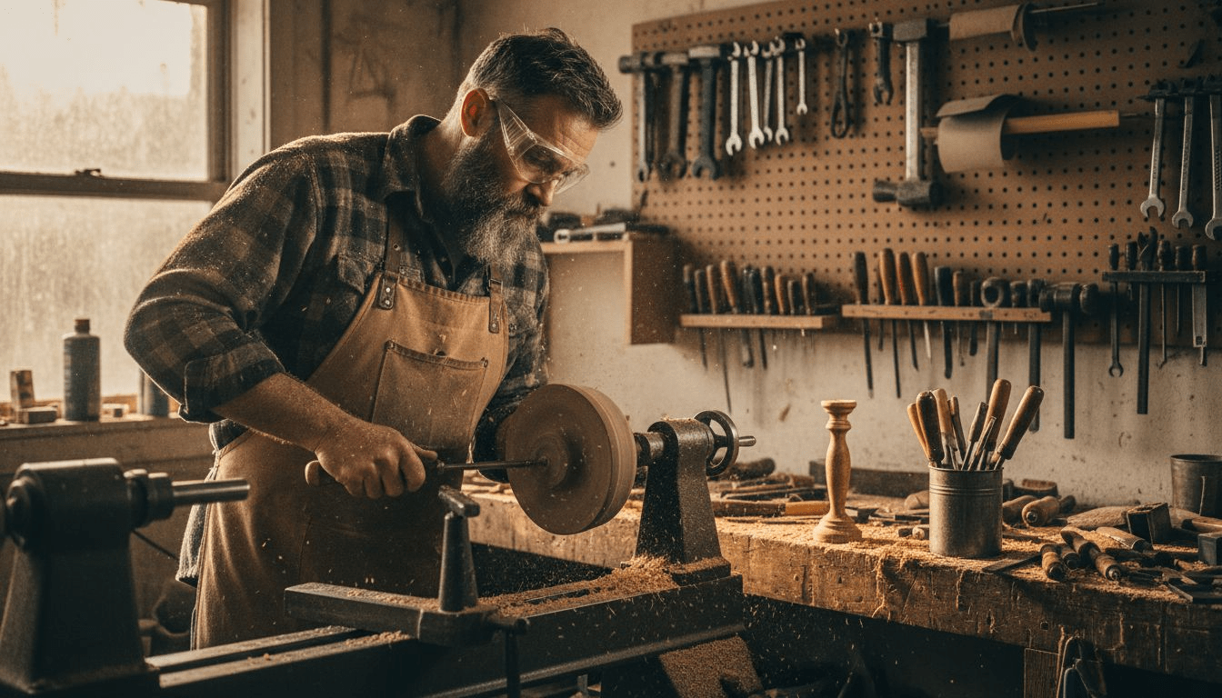 Woodturner shaping bowl at lathe in workshop