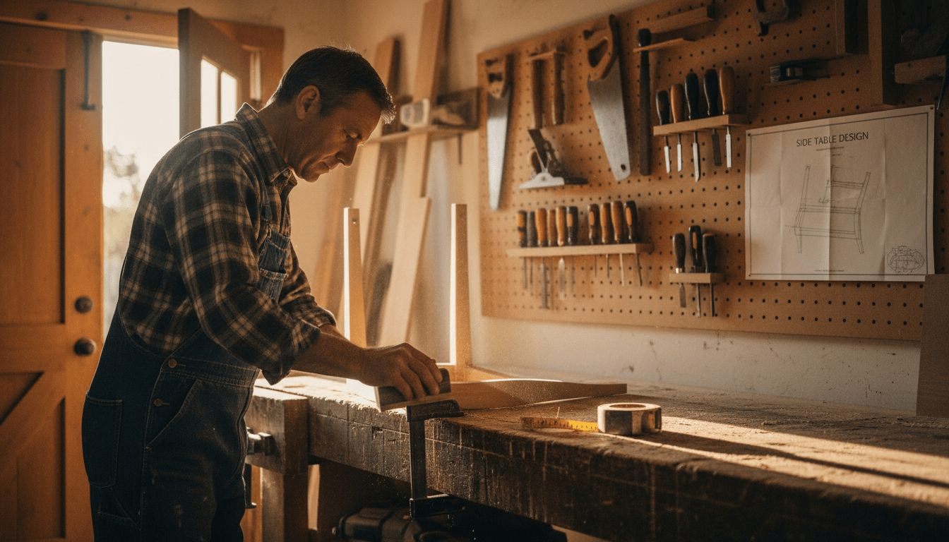 Woodworker sanding chair leg in busy workshop