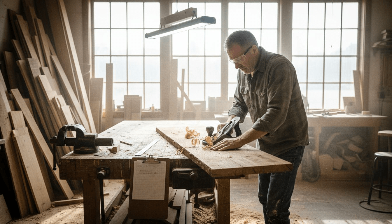 Sustainable woodworking in sunlit workshop