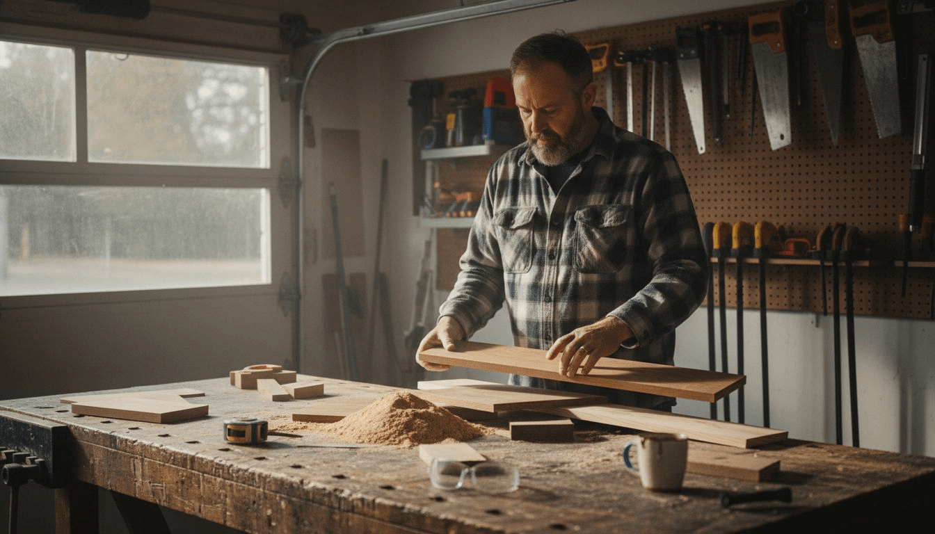 DIYer sorting different wood types for project
