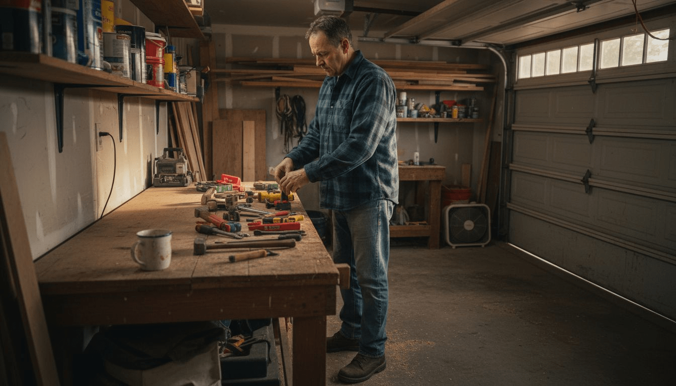 Man organizing tools in home woodworking space