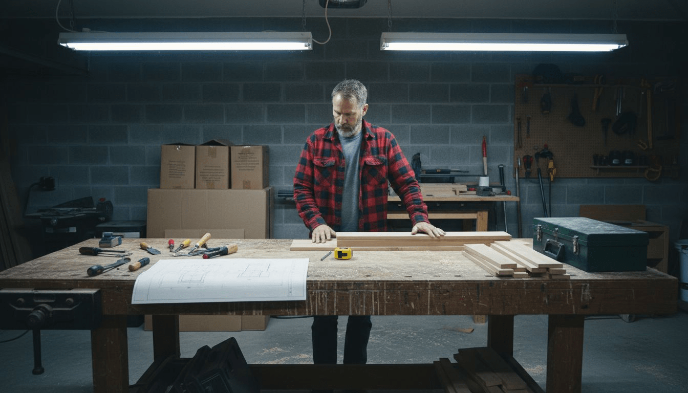 Woodworker planning project at cluttered workbench