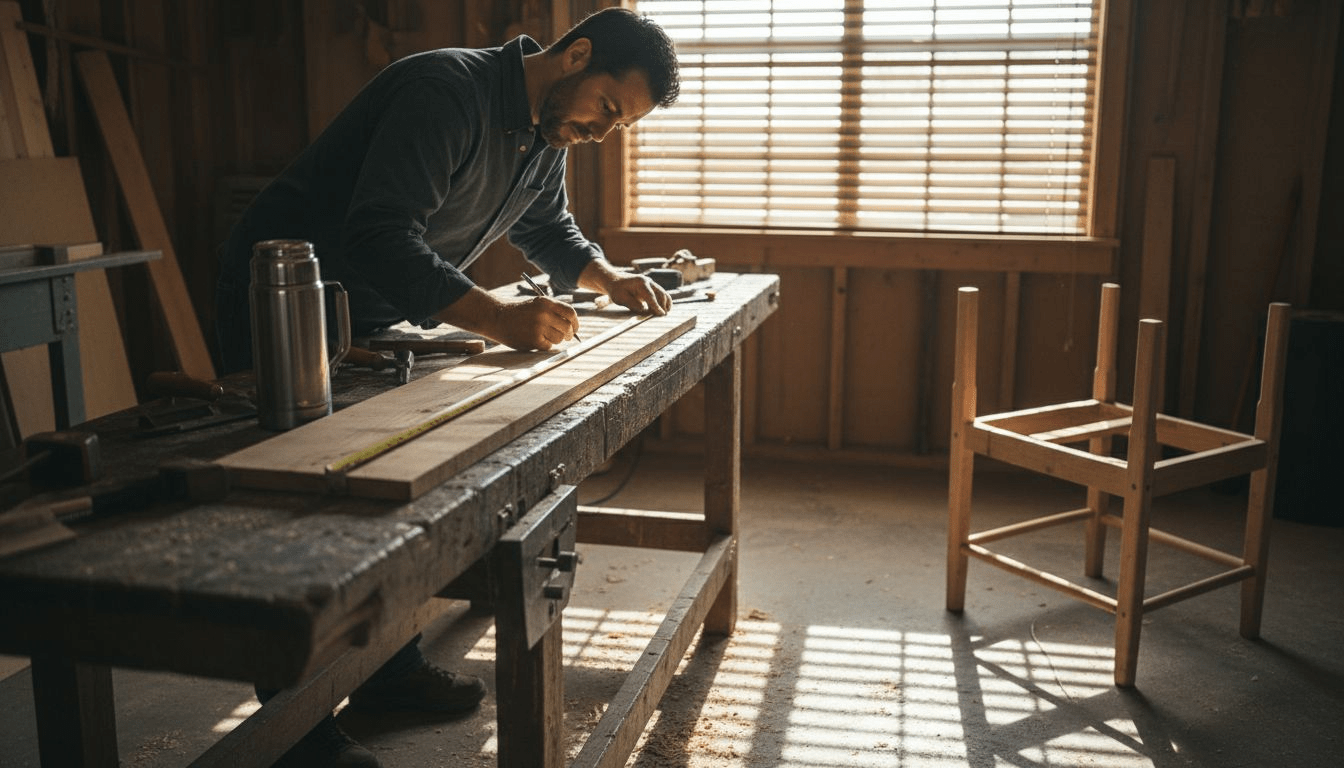 Woodworker measuring plank in sunlit workshop