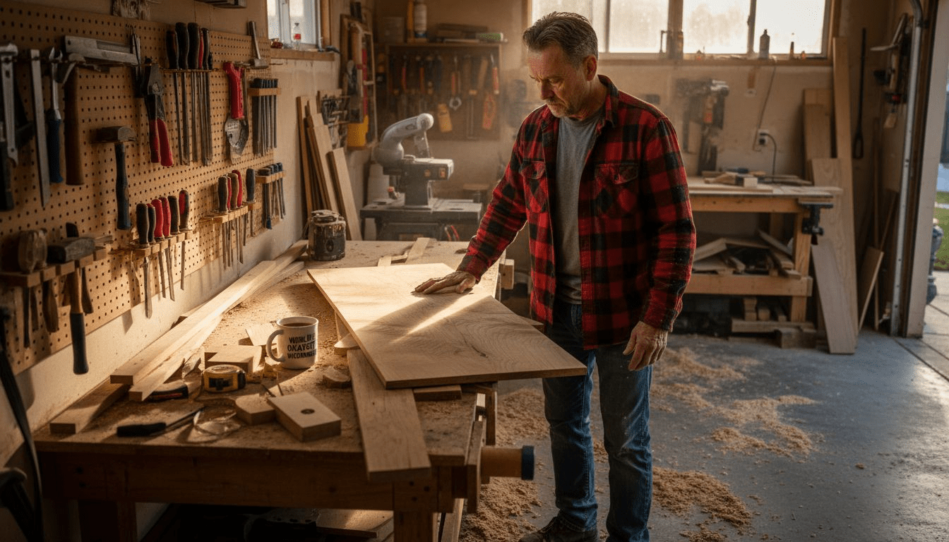 DIY woodworker selecting boards in garage workshop