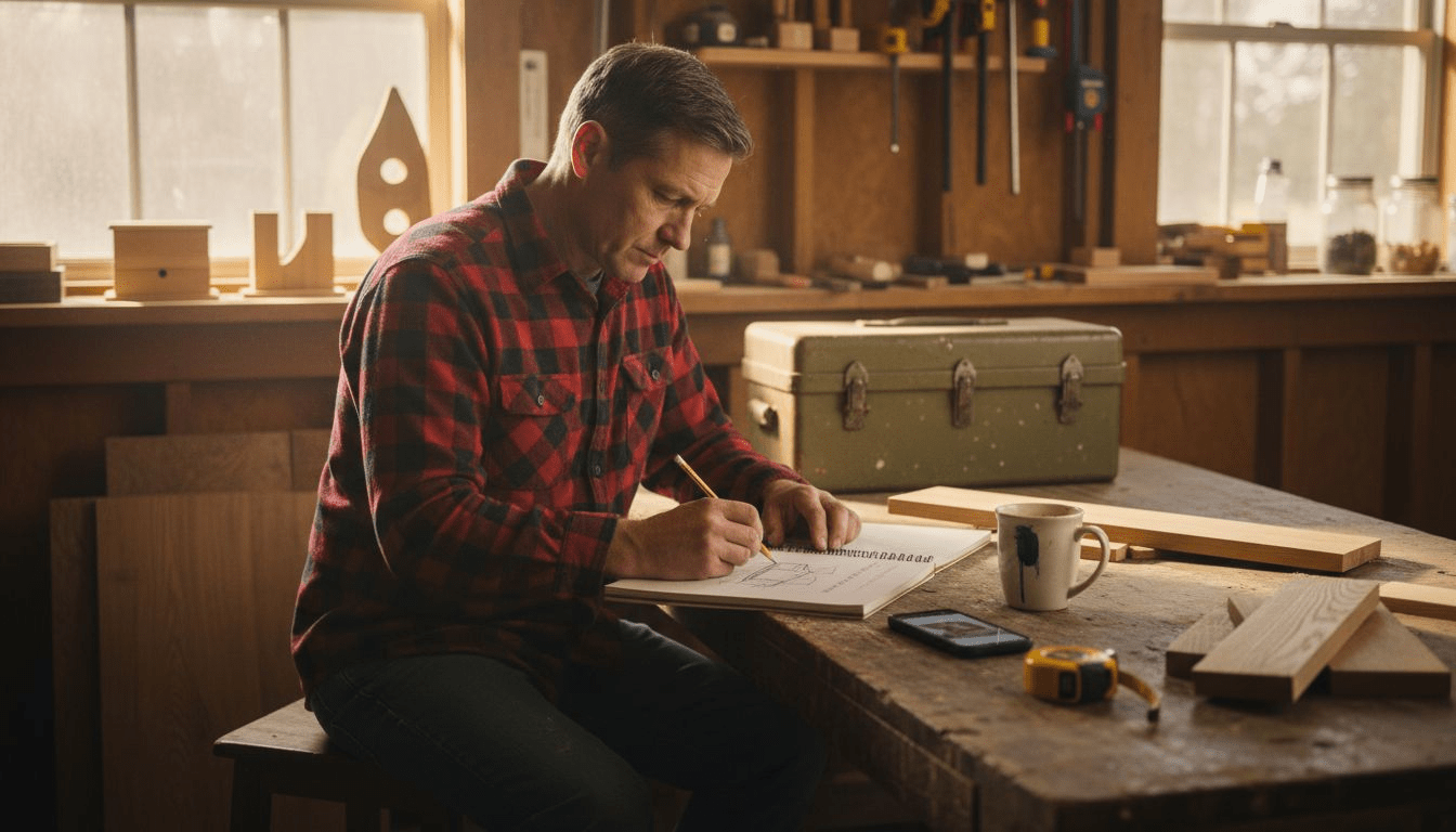 Man sketching woodworking plans in garage