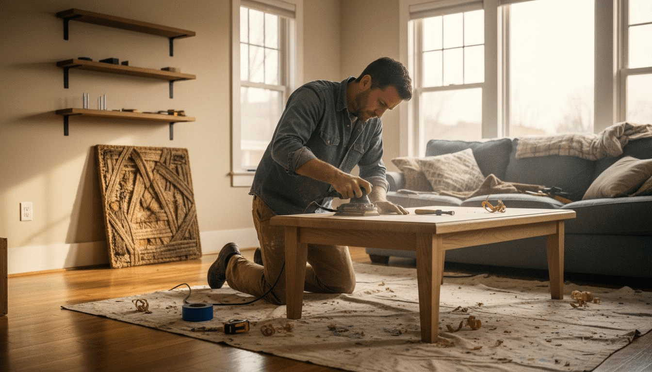 Man building wood coffee table in living room
