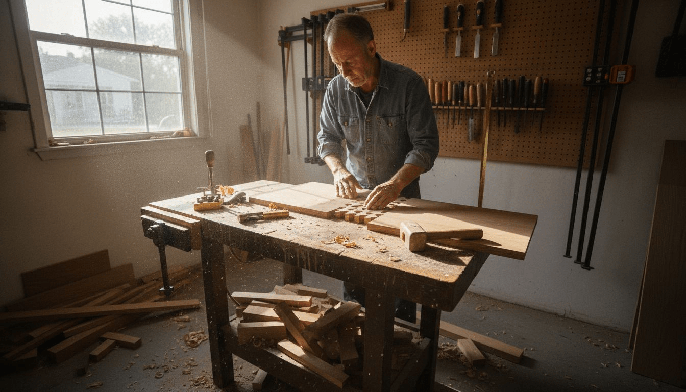 Woodworker testing dovetail joint at workbench