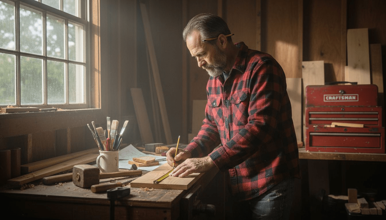 Man measuring wood at cluttered garage workbench