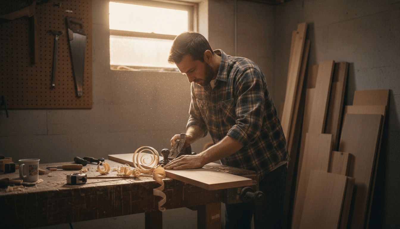 Beginner woodworker shaping wood with hand tools