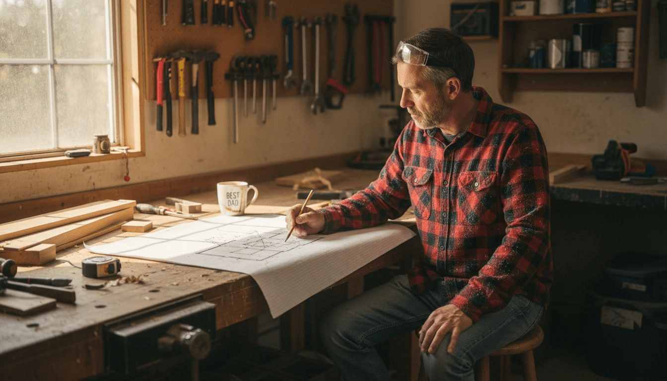 Woodworker planning at cluttered workbench