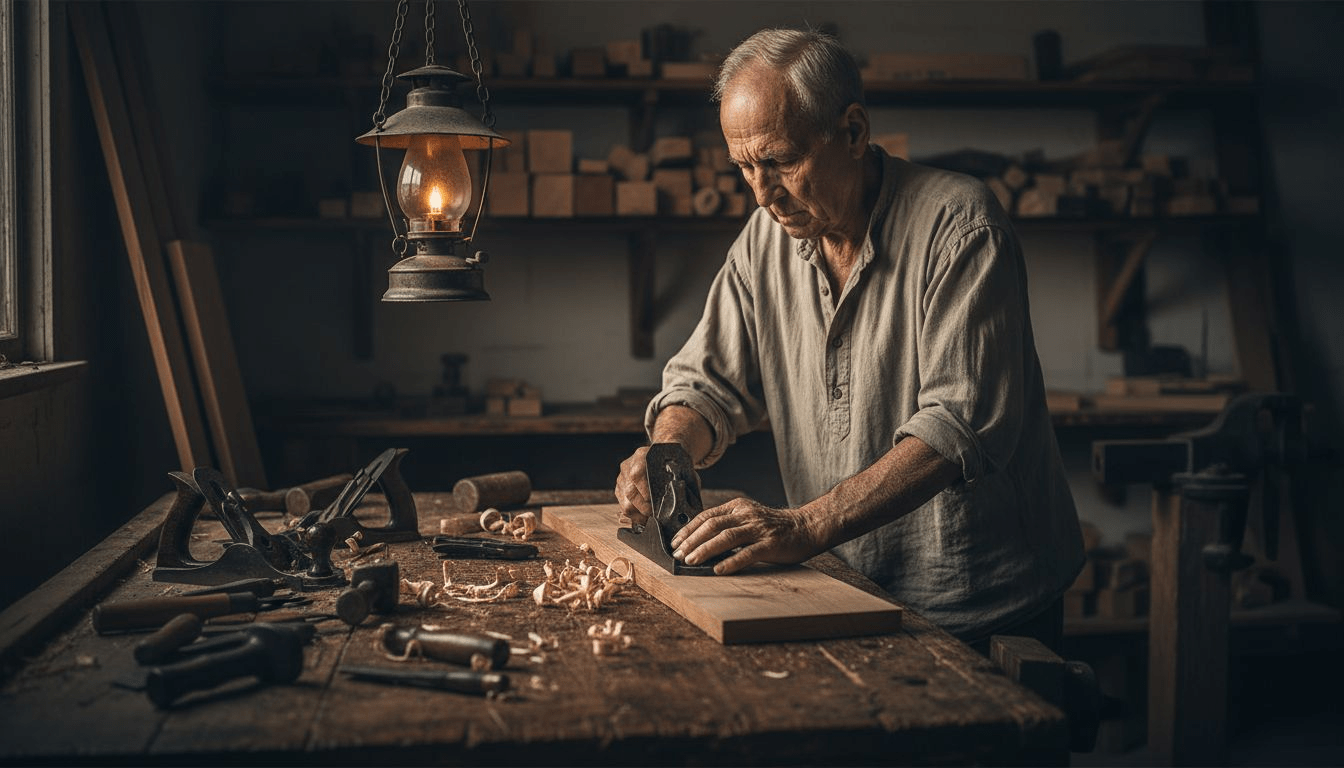 Traditional craftsman using hand tools at workbench