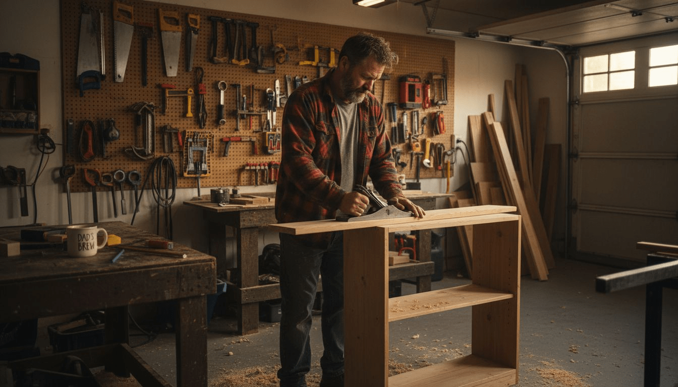 Man woodworking in cluttered garage workshop