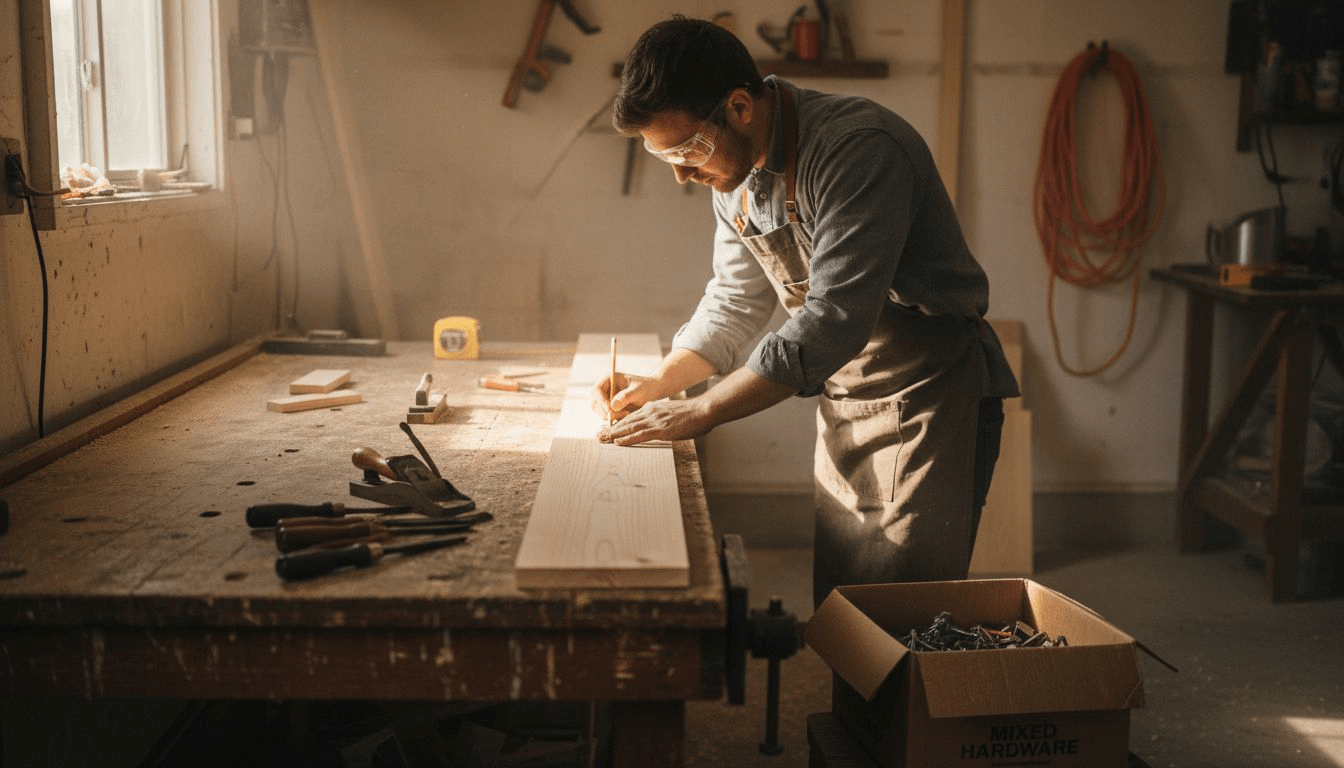 Beginner building bookshelf in home workshop
