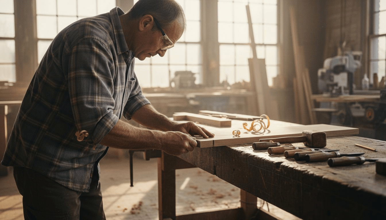 Woodworker fits mortise-and-tenon joint at workbench