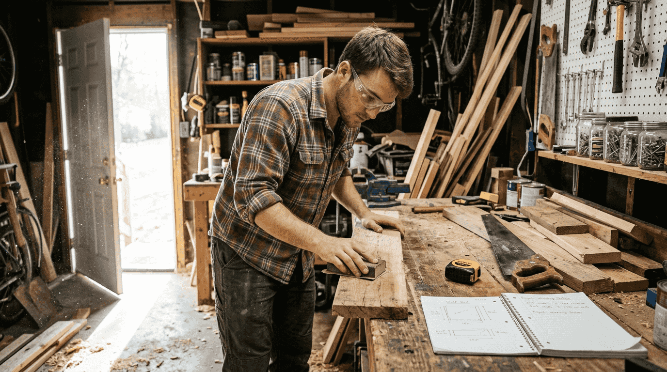 Beginner sanding wood in rustic workshop