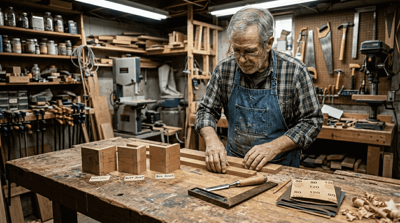 Woodworker arranging joinery samples on workbench