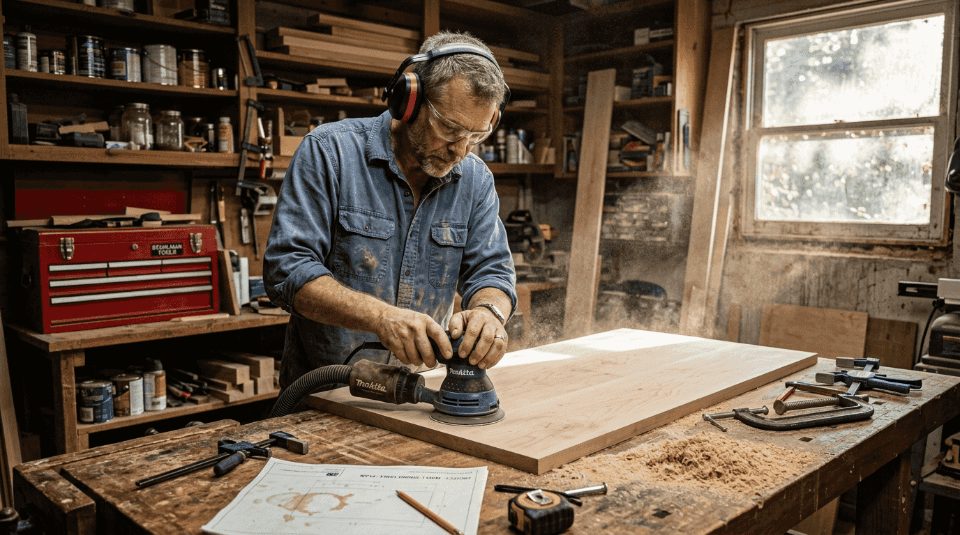 Woodworker sanding tabletop in sunlit basement shop