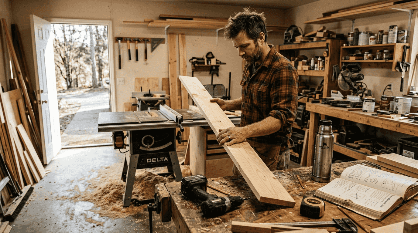 Woodworker examining plank in home garage