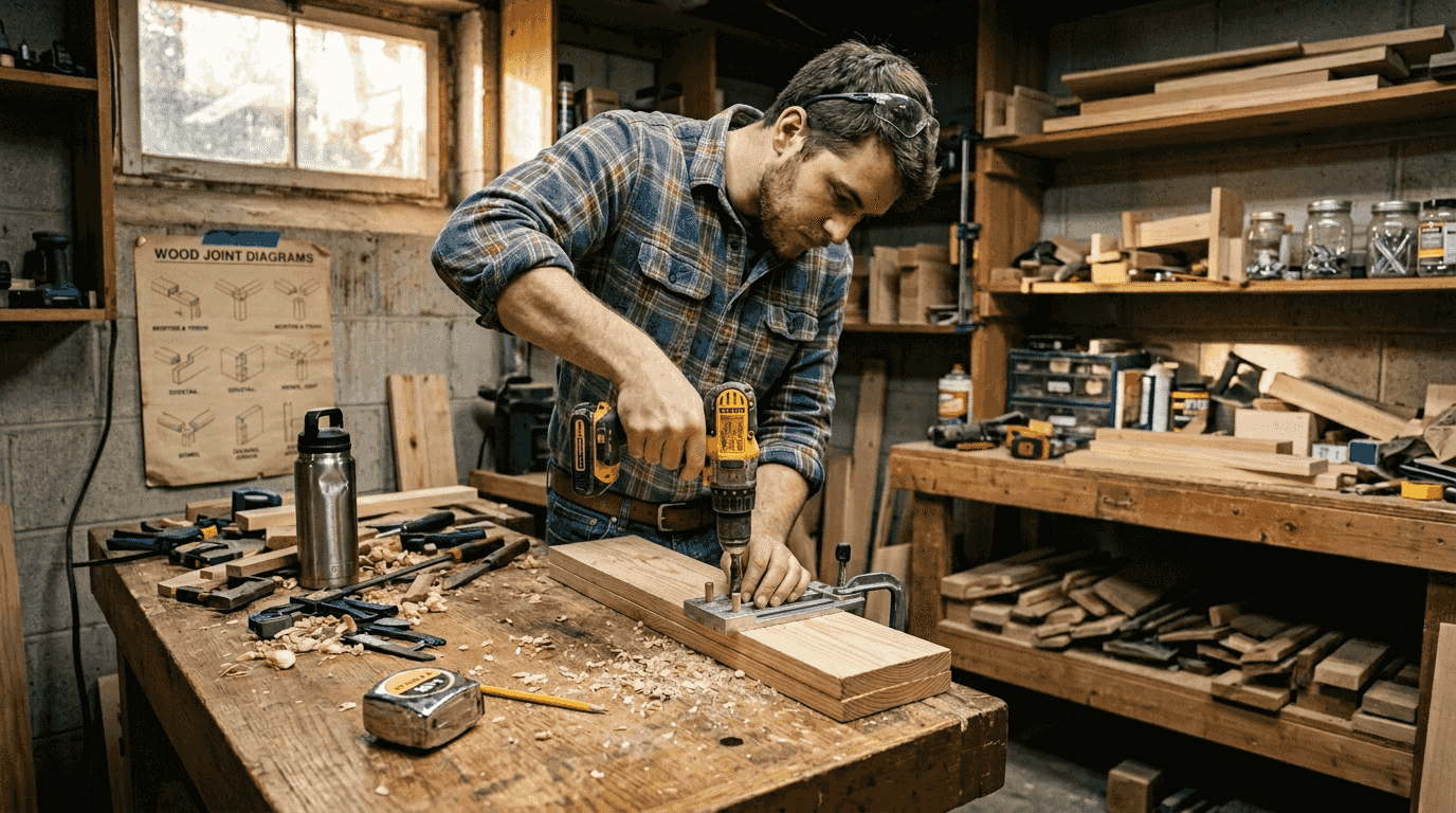 Beginner creating wooden joint in basement workshop