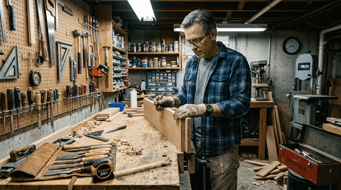 DIYer preparing wood for joinery in workshop