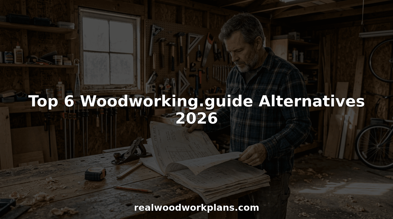 Woodworker reviewing plans at cluttered home workshop