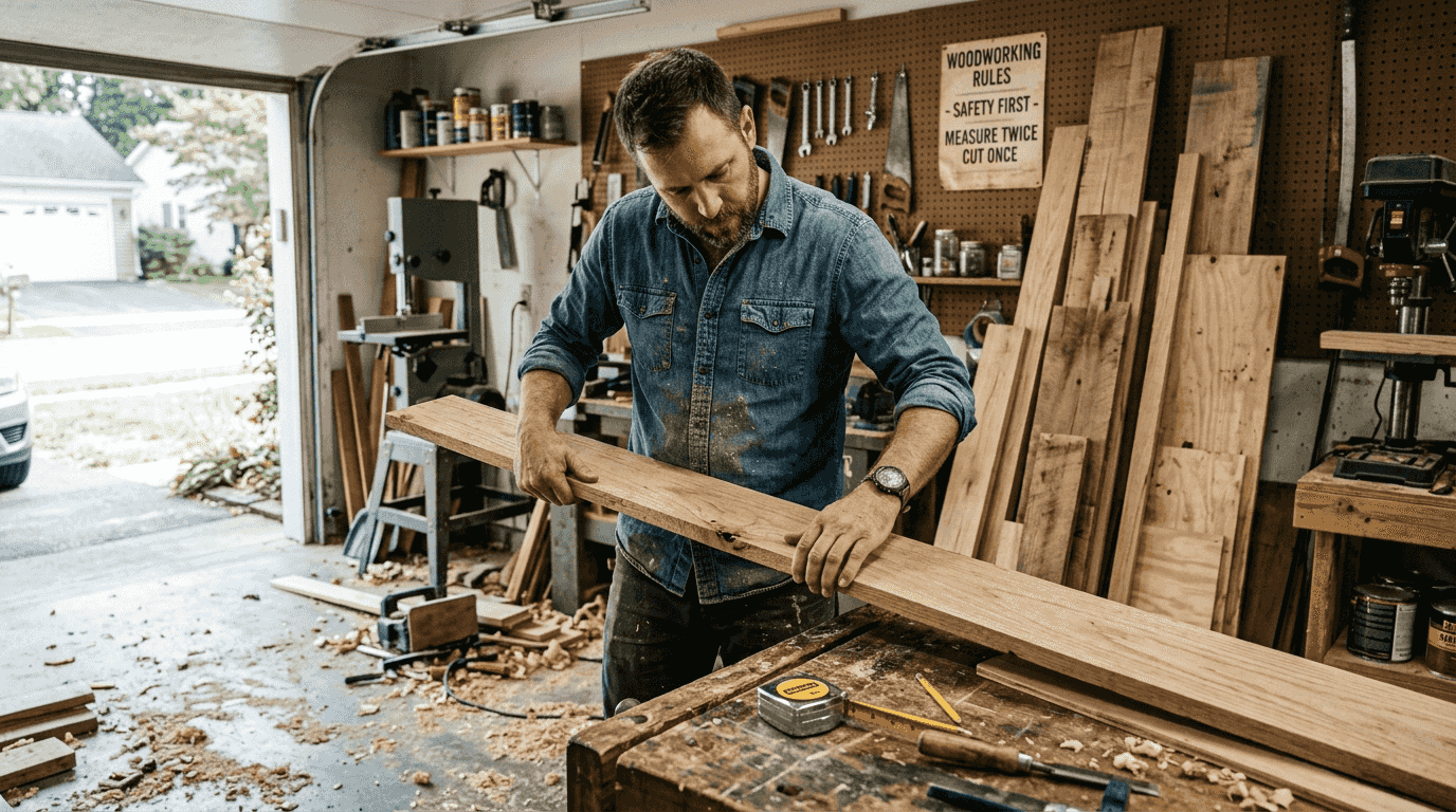 Man inspecting hardwood in sawdusty workshop