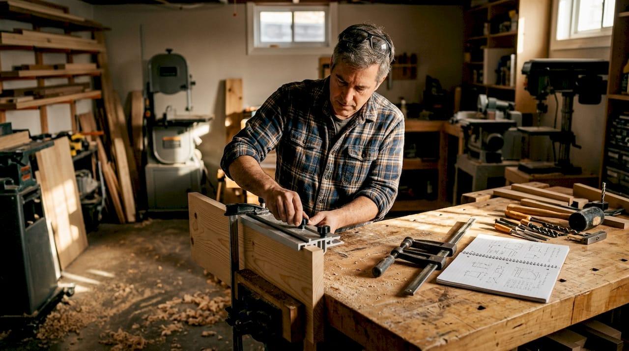 Woodworker setting up dovetail jig