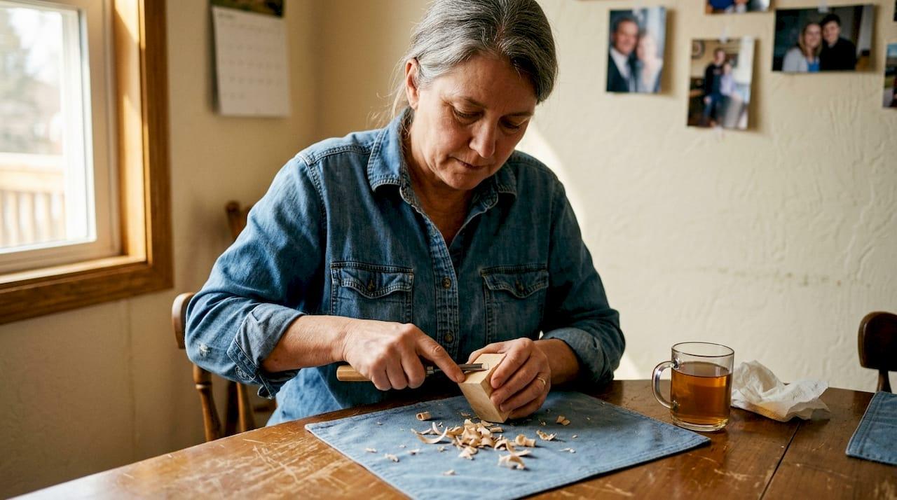 Beginner carving wood at kitchen table