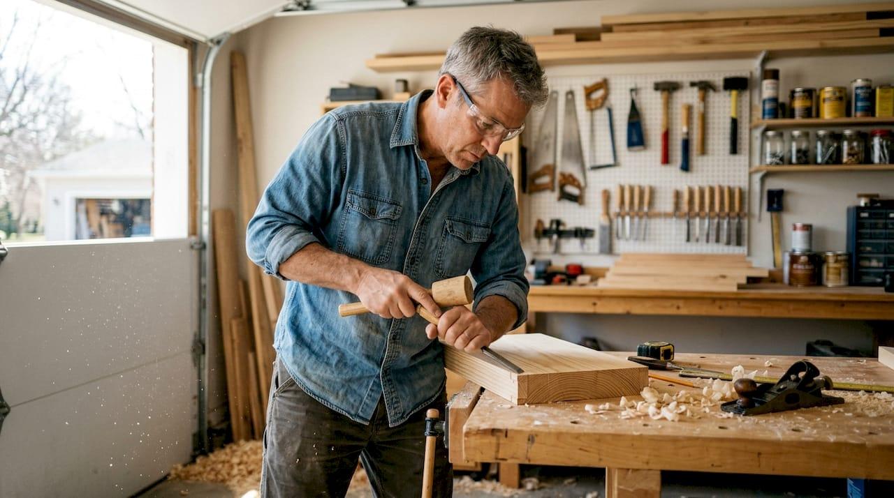 Woodworker chiseling dovetail joint in workshop