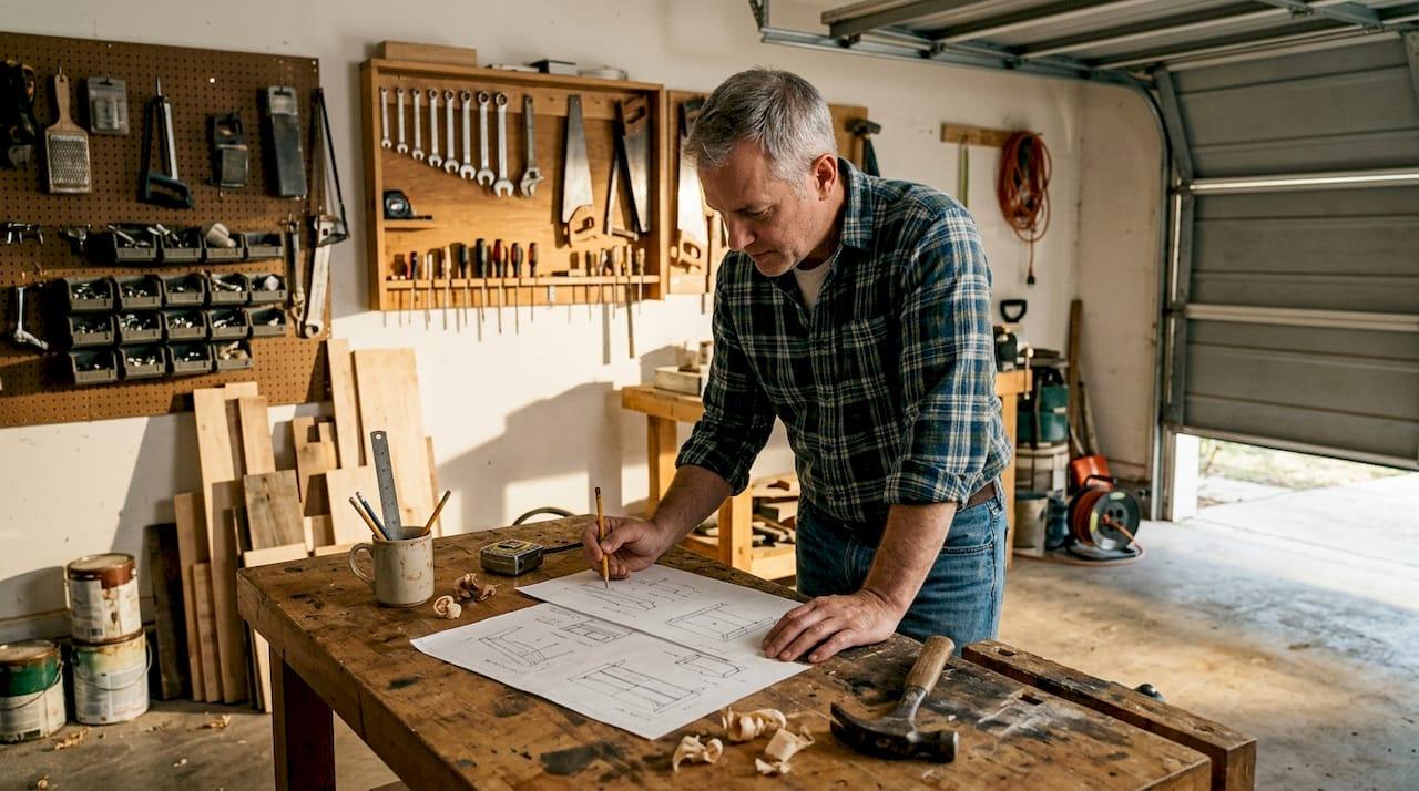 Man planning woodworking project in home garage