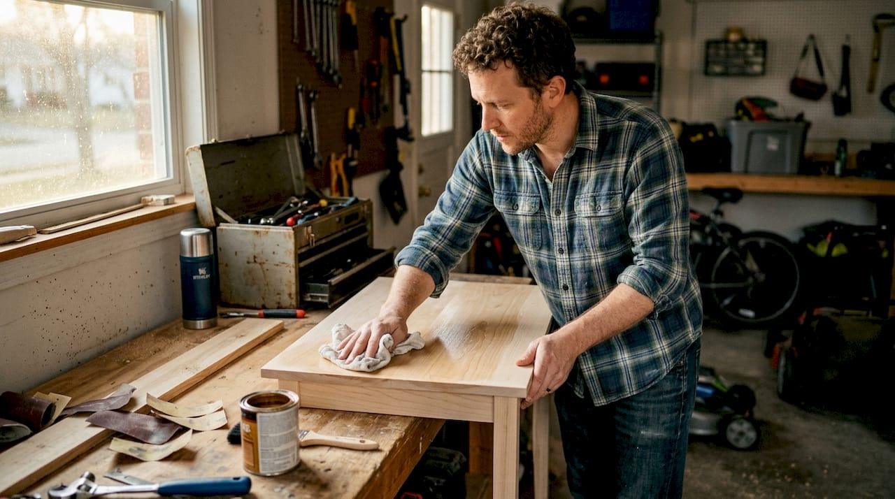 DIYer finishing wood at workbench in garage