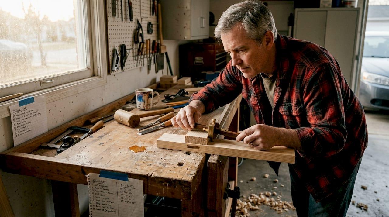 DIY woodworker assembling wood joinery