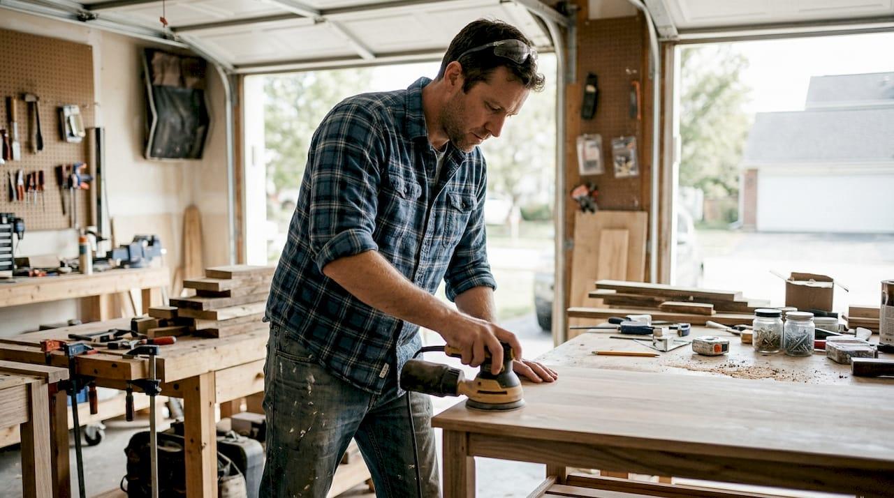Man sanding wood in cluttered workshop