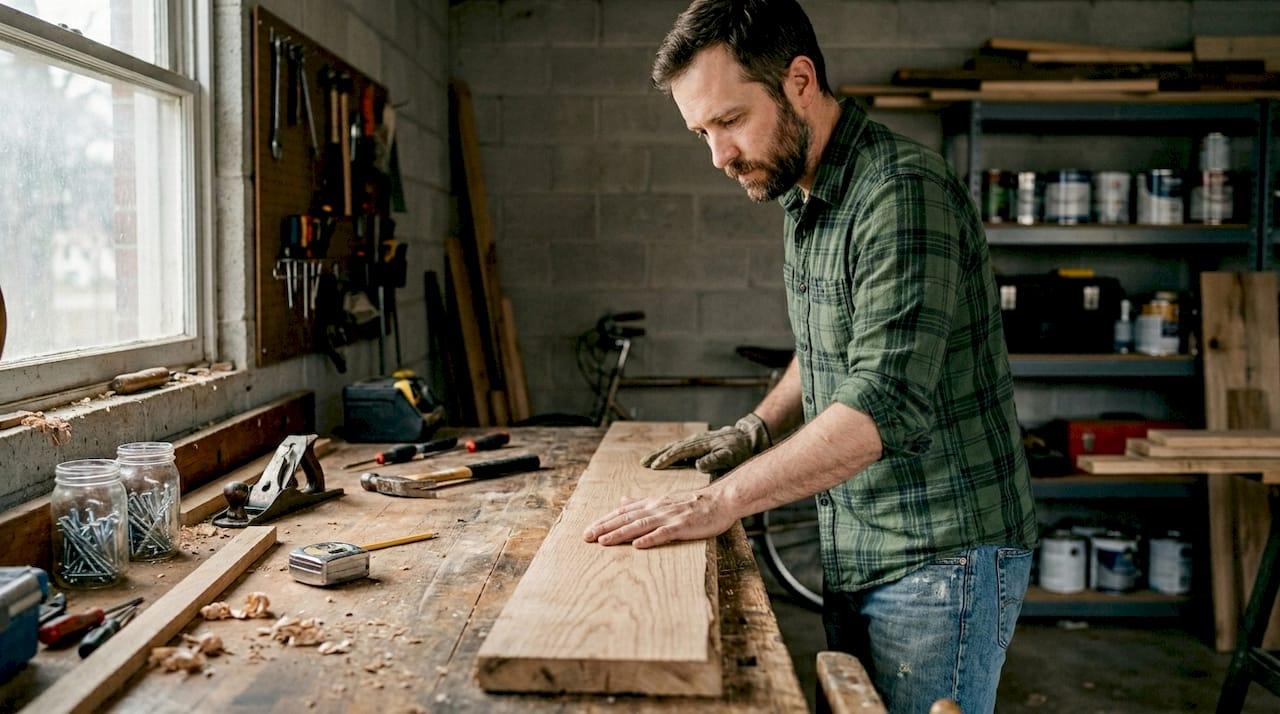 DIYer examining wood grain in sunlit workshop