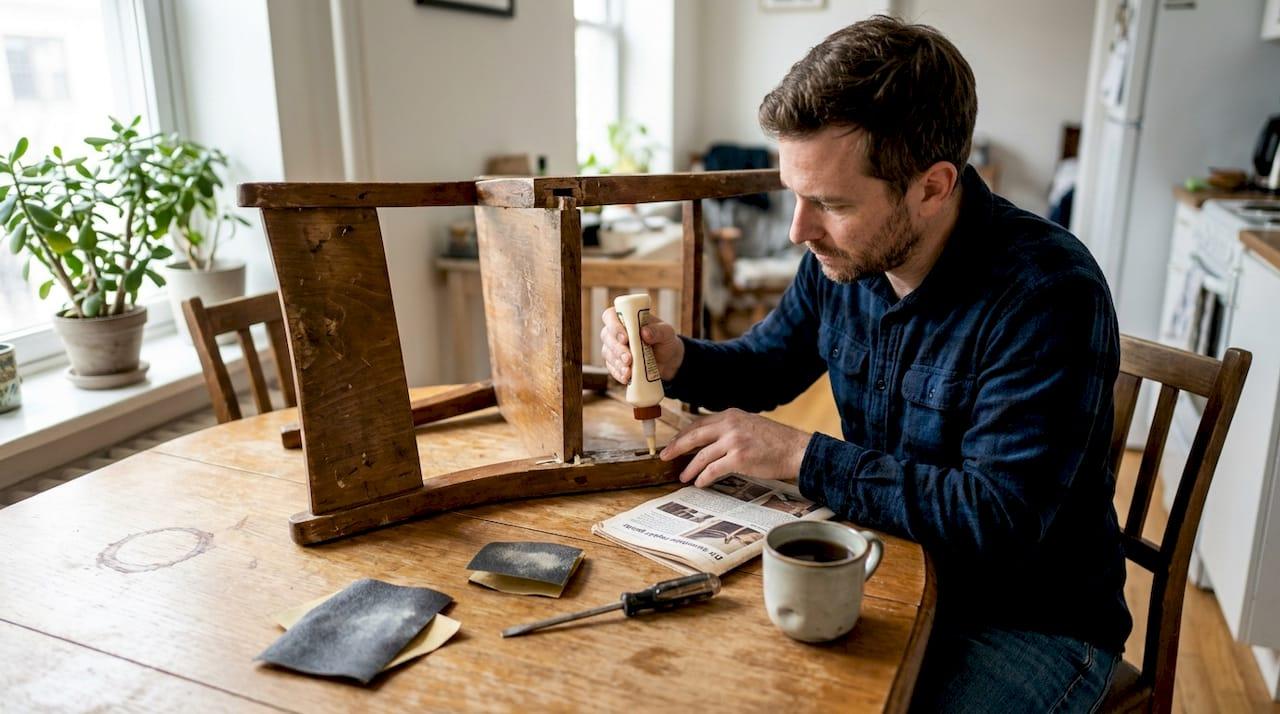 Man repairing wooden chair at sunny kitchen table
