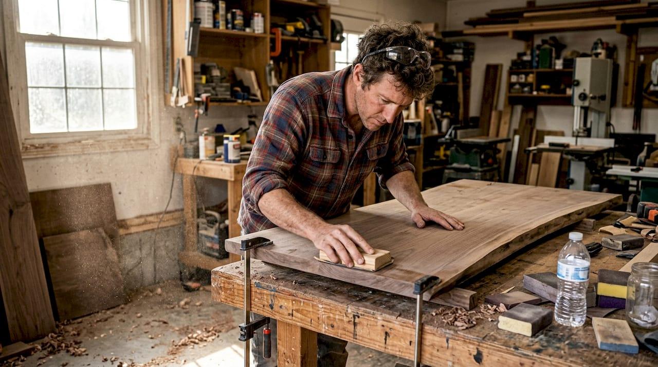 Man sanding walnut table in sunlit workshop