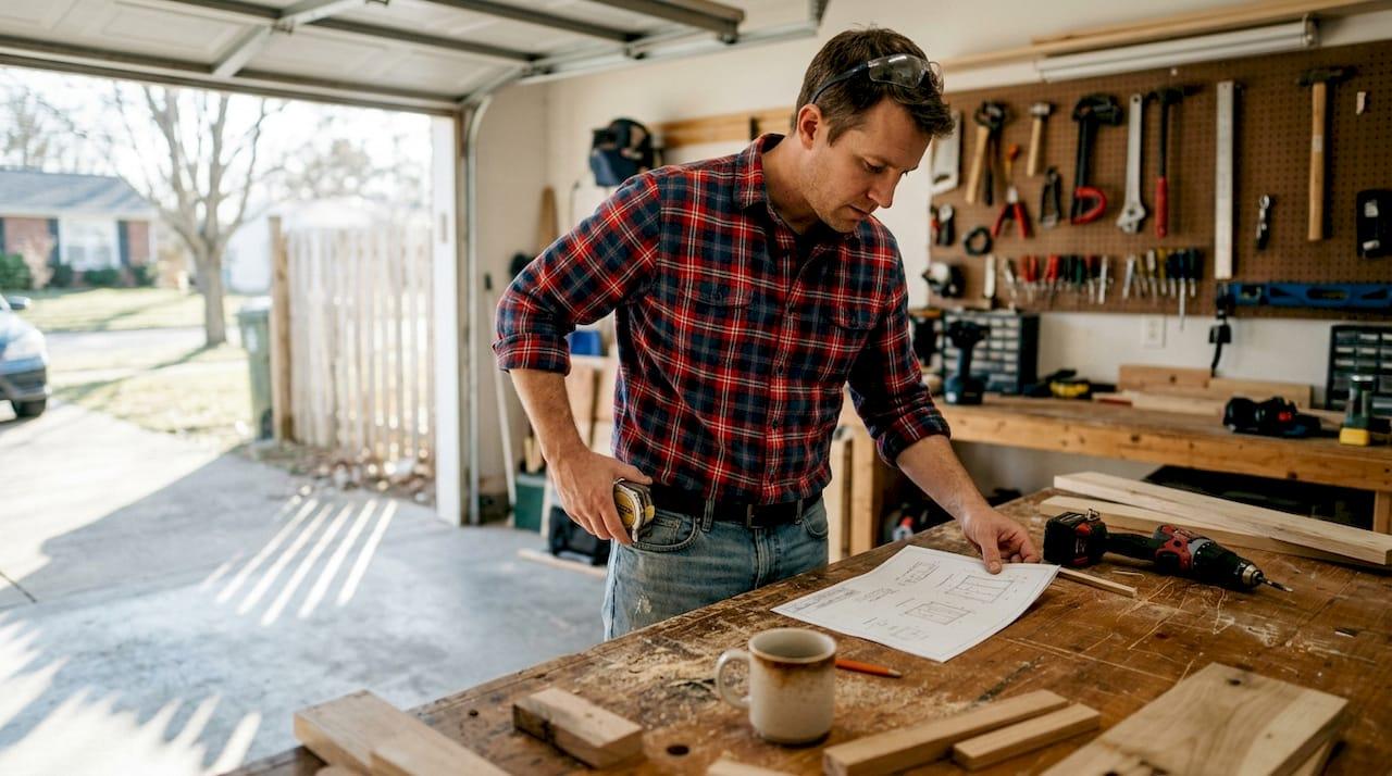 Woodworker reviews plans at home garage bench