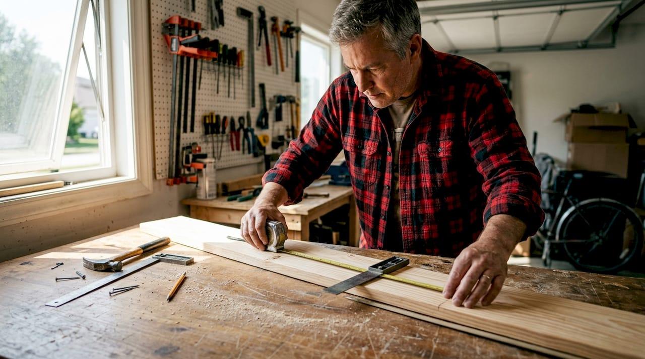Woodworker measuring wood on garage workbench