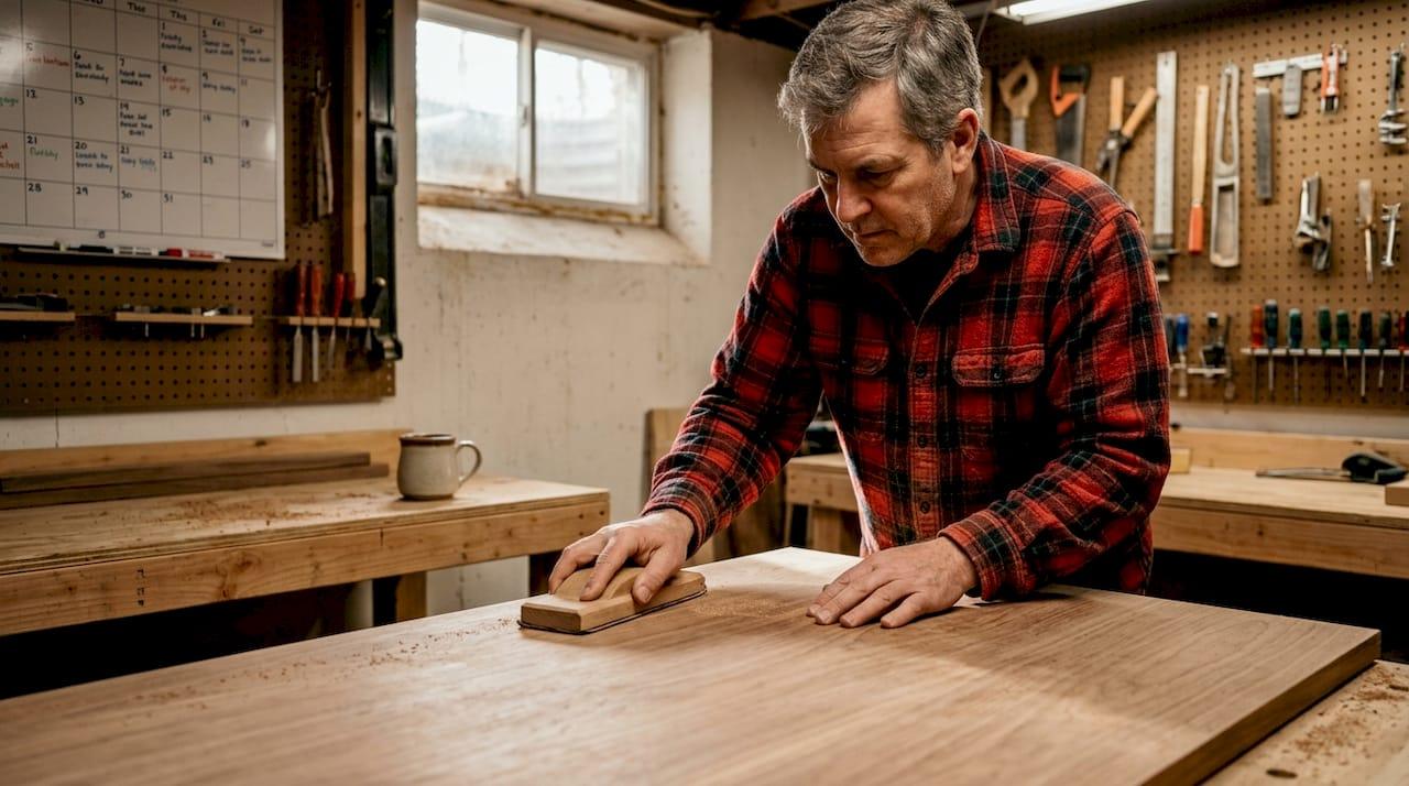 Woodworker sanding tabletop in workshop