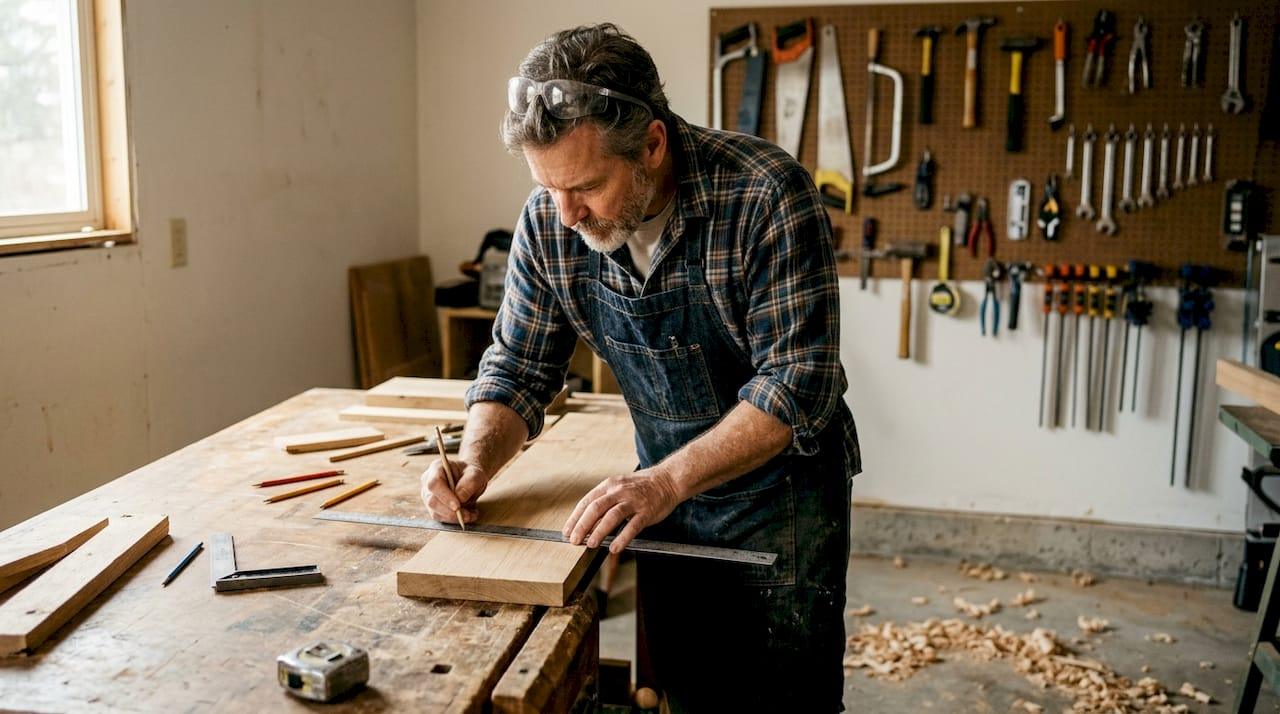 Woodworker measuring oak plank in workshop