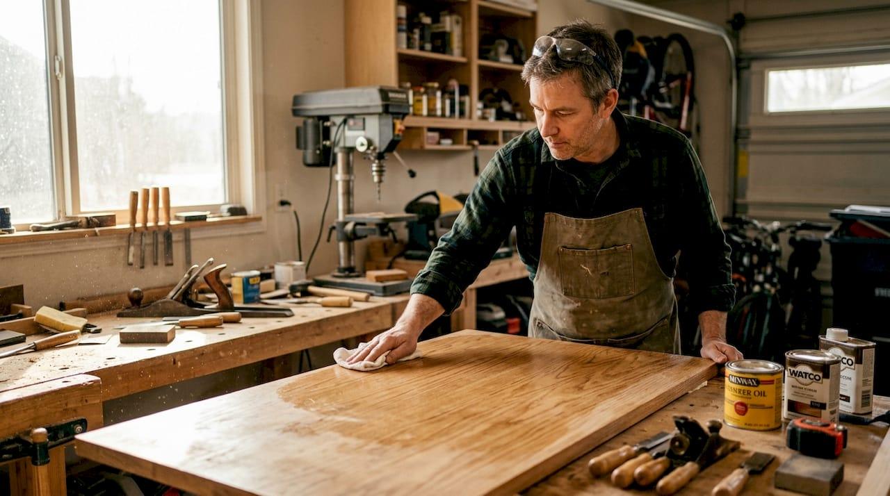 Woodworker applying finish to oak tabletop