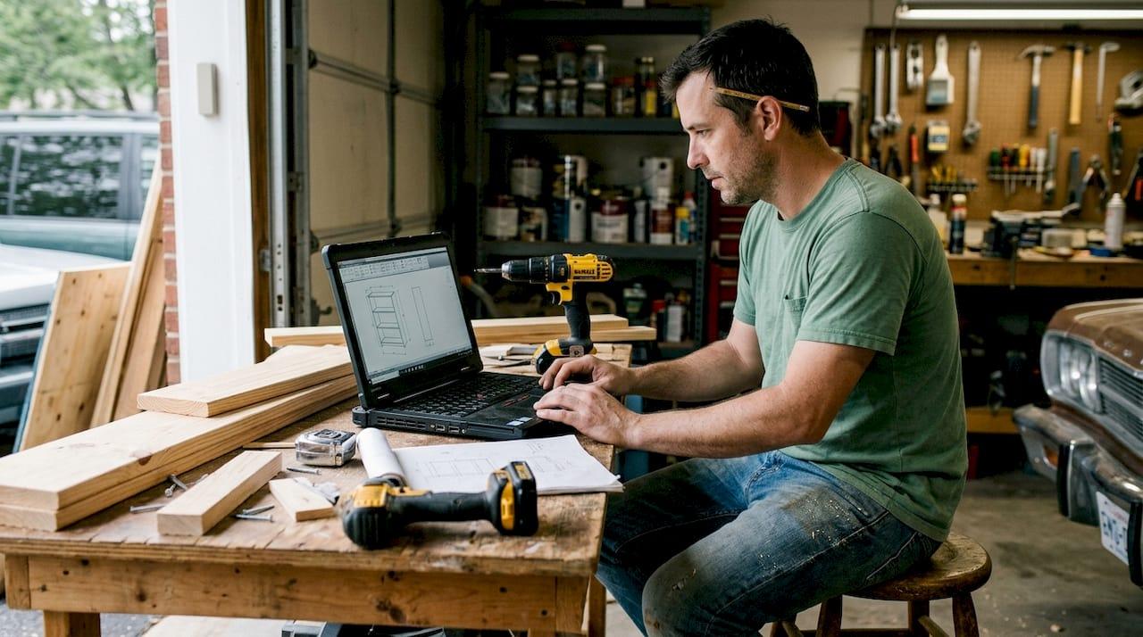 Woodworker planning project with CAD software