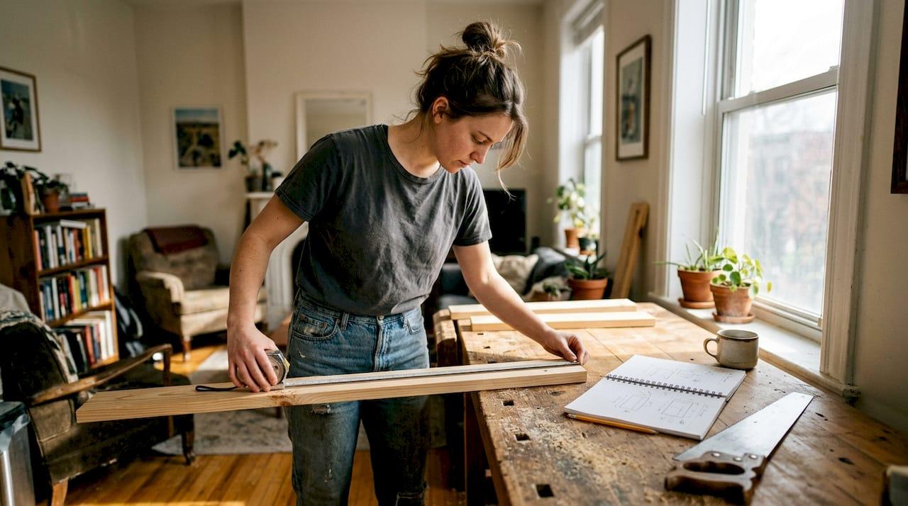 Beginner measuring wood at home workbench