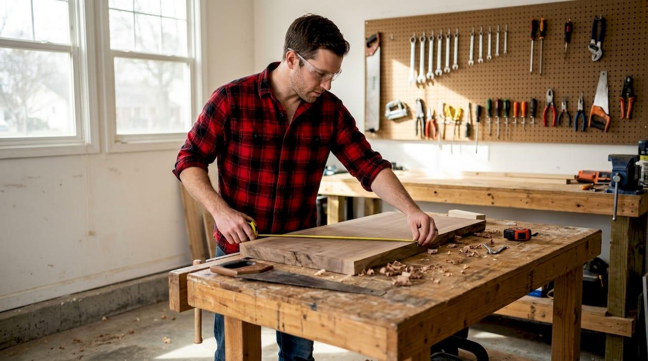 DIYer measuring wood for coffee table build