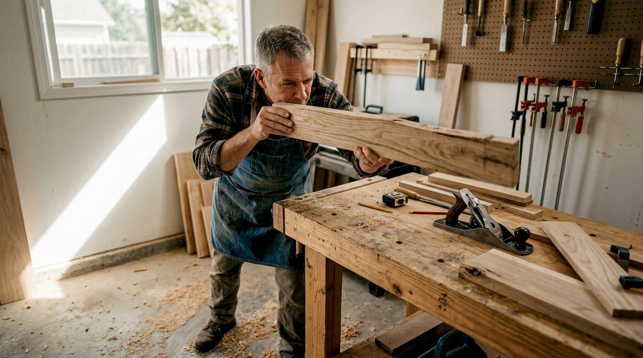 Woodworker inspecting warped board at workbench