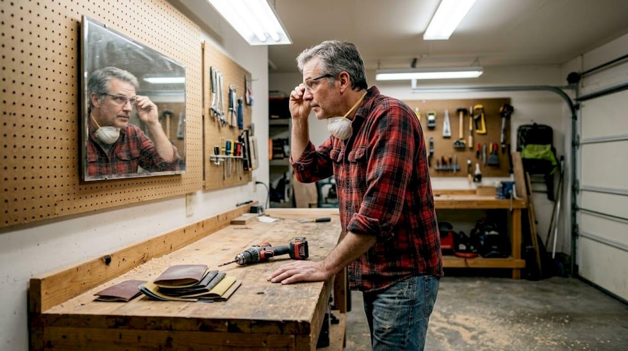 Woodworker checking safety gear in workshop