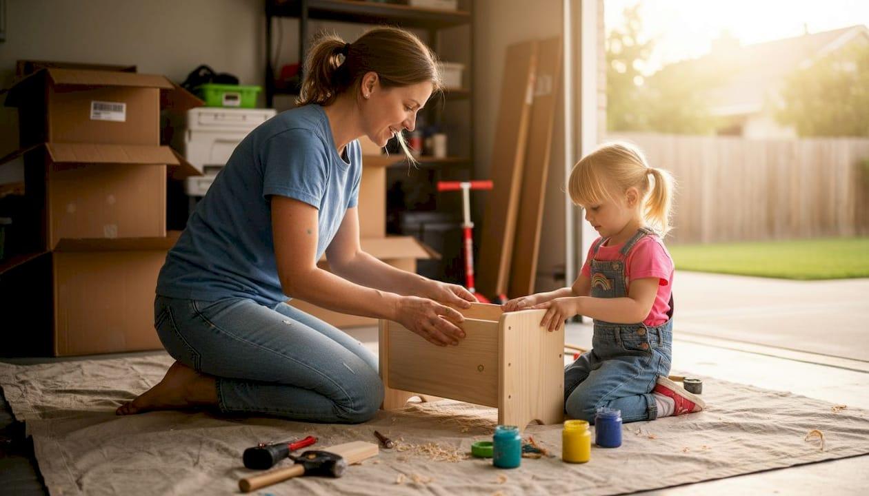 Mother and daughter building toy storage bench