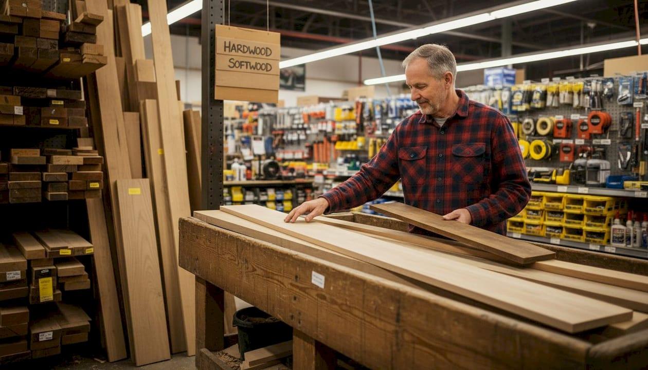 Man examines hardwood and softwood boards in lumber aisle